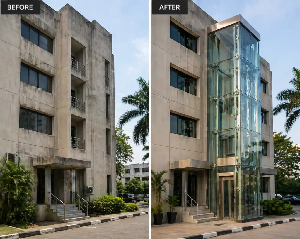 Before and after external glass elevator retrofit on Lagos building